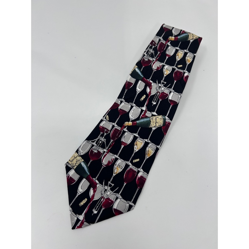 Nicole Miller 1995 Vintage Wine Theme Silk Necktie Black Burgundy Glasses Bottle